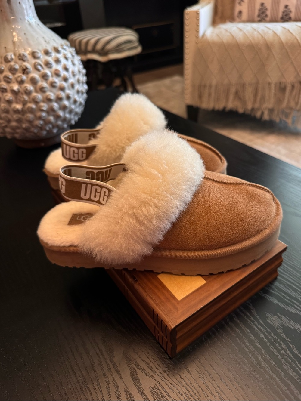 UGG Kids Funkette Chestnut Suede Shearling Slide with Logo Heel Strap